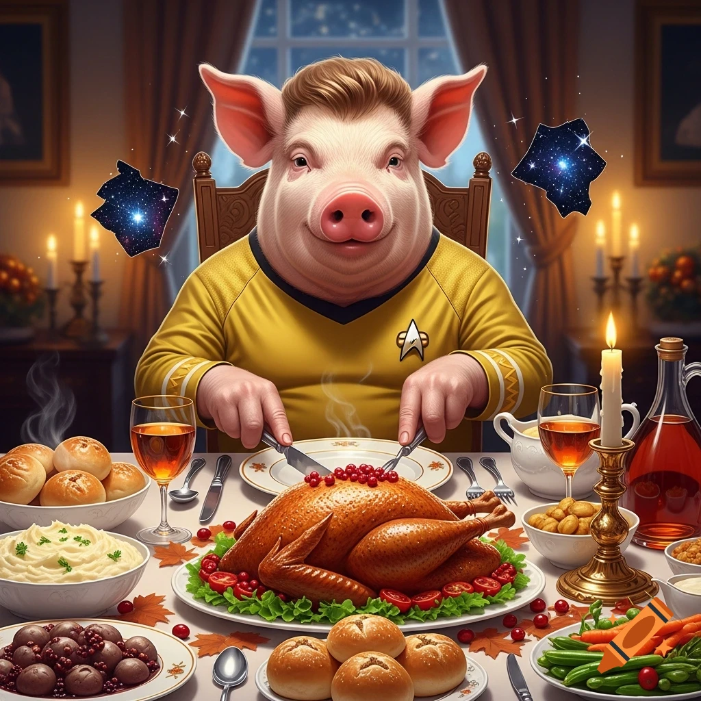 A pig dressed as Captain Kirk is sitting at a lavish Thanksgiving dinner table, about to carve a turkey.