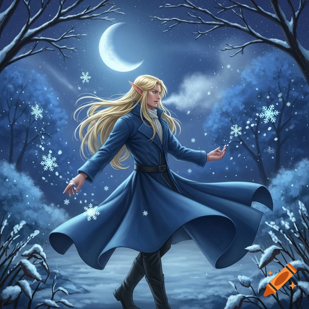 A male elf with long blonde hair and pointed ears, wearing a blue trench coat, dances in a snowy winter forest under a crescent moon, surrounded by falling snowflakes.