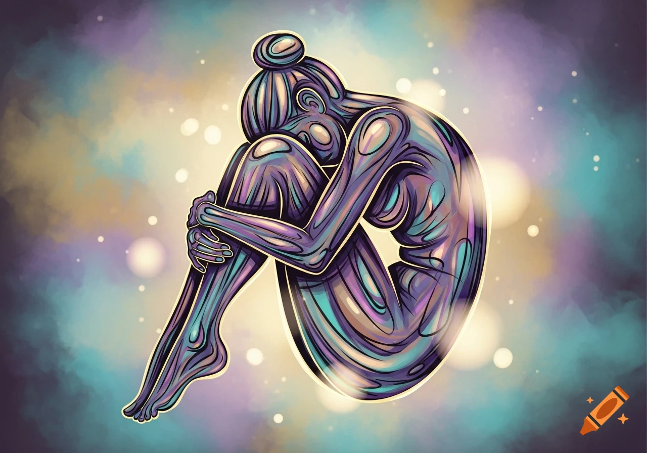 Stylized illustration of a human figure in purple, blue, and yellow, curled in a fetal position against an abstract background.