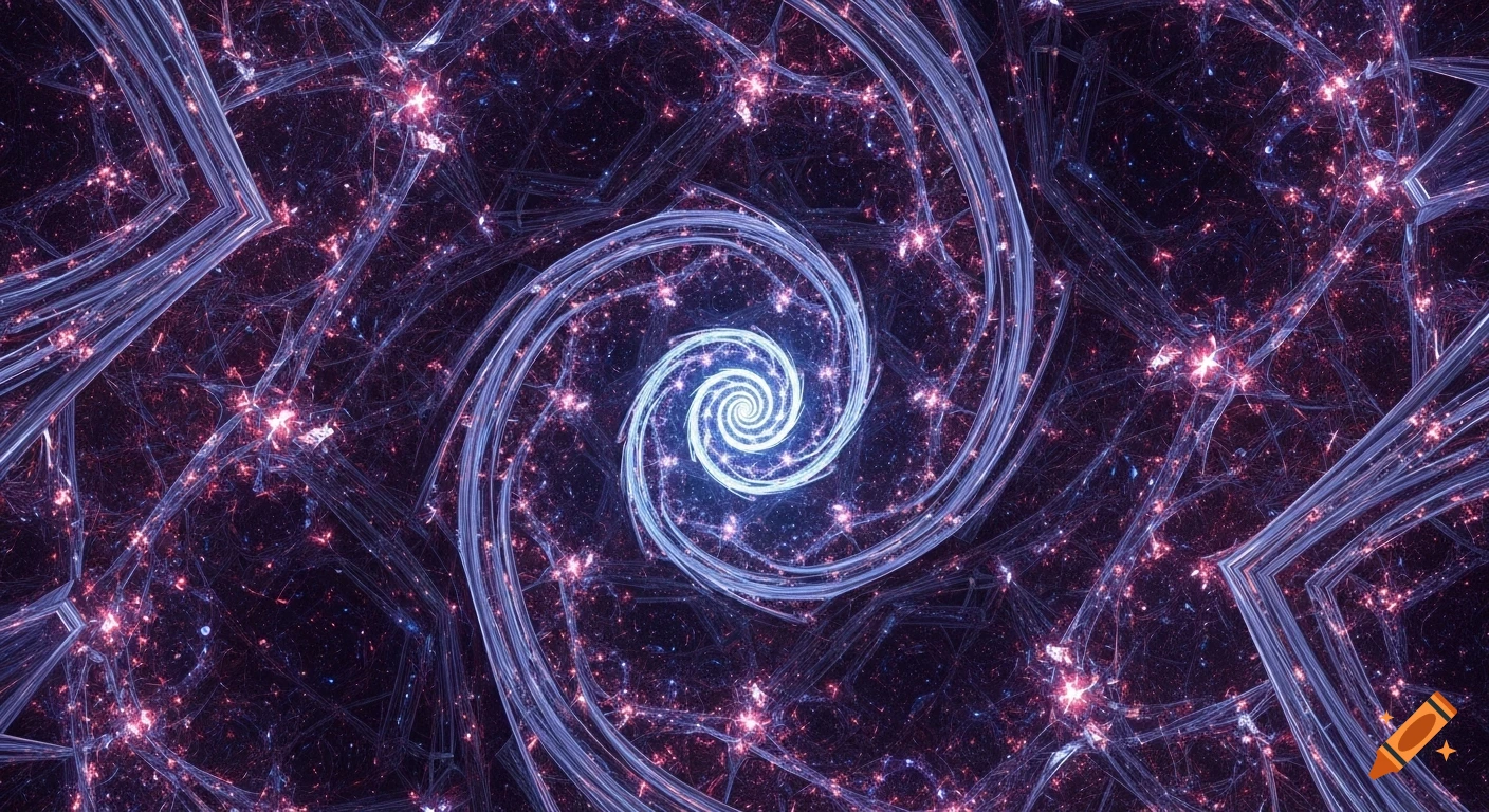 Abstract fractal with a luminous blue-white spiral amidst glowing purple and red intricate patterns on a dark background.