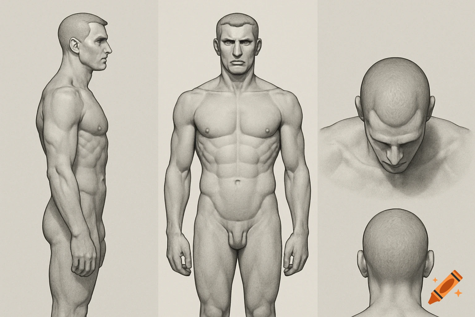Anatomy study of a muscular male figure from side, front, top, and back views, in a detailed pencil drawing style.