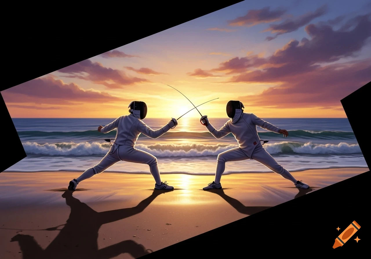 Two fencers in protective gear duel on a sandy beach with the ocean and a vibrant orange and purple sunset in the background.