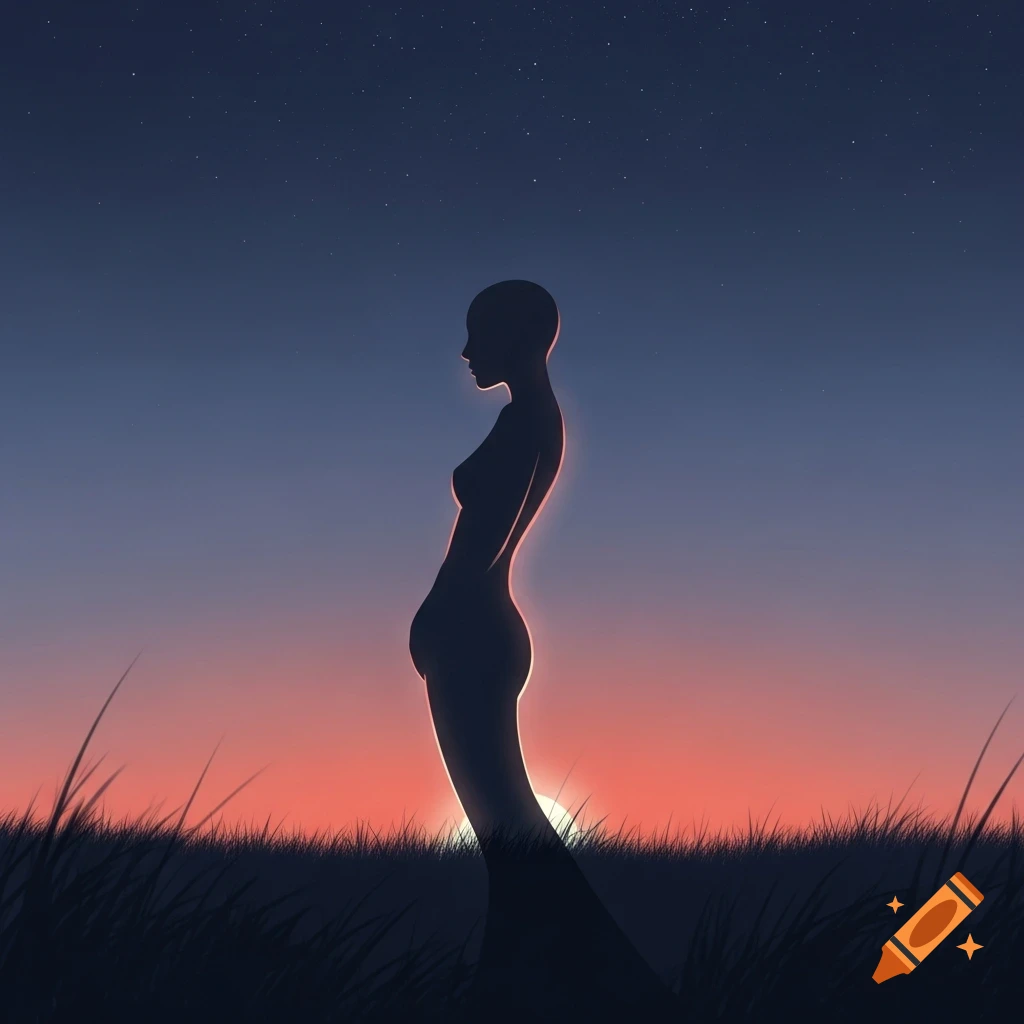 A dark silhouette of a person standing in a grassy field against a vibrant sunset and starry sky.