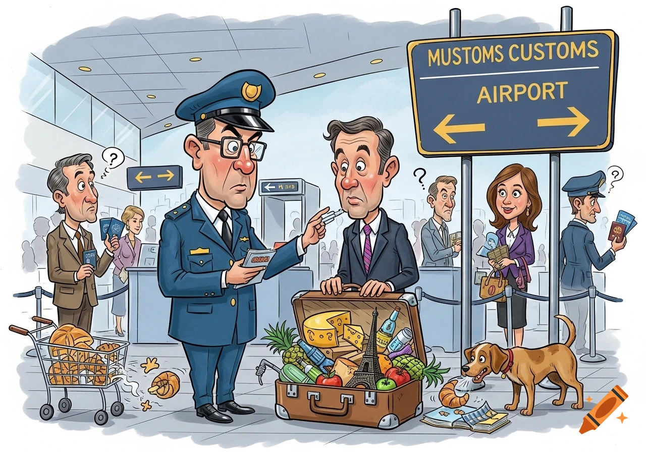 Cartoon of an airport customs scene with an officer checking a man's suitcase full of items and a dog sniffing a croissant.