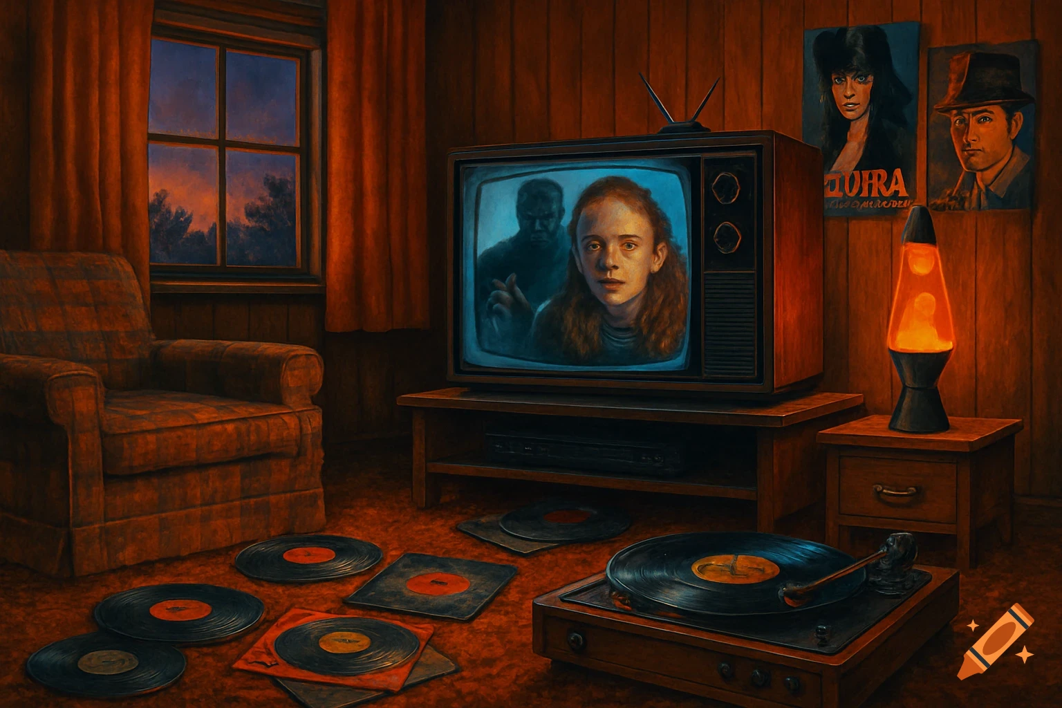 A retro living room with a TV playing a suspenseful scene, records on the floor, and movie posters on the wooden wall.