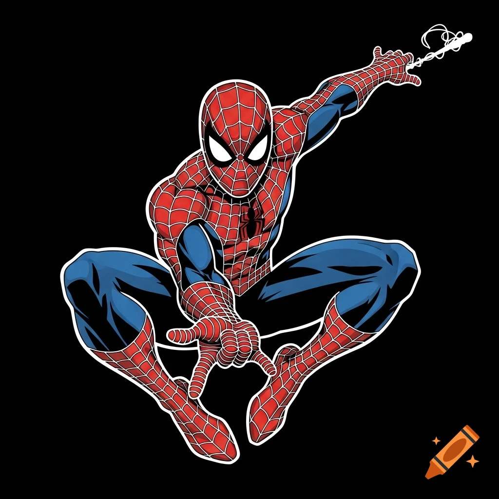 Spider-Man in his classic red and blue suit crouches with a web shooting from his hand against a black background, comic book style.