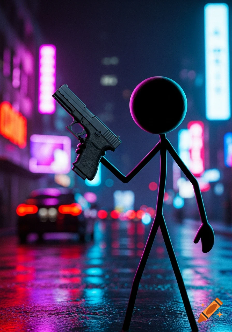 A stylized black stickman holds a pistol on a wet, neon-lit cyberpunk city street at night.