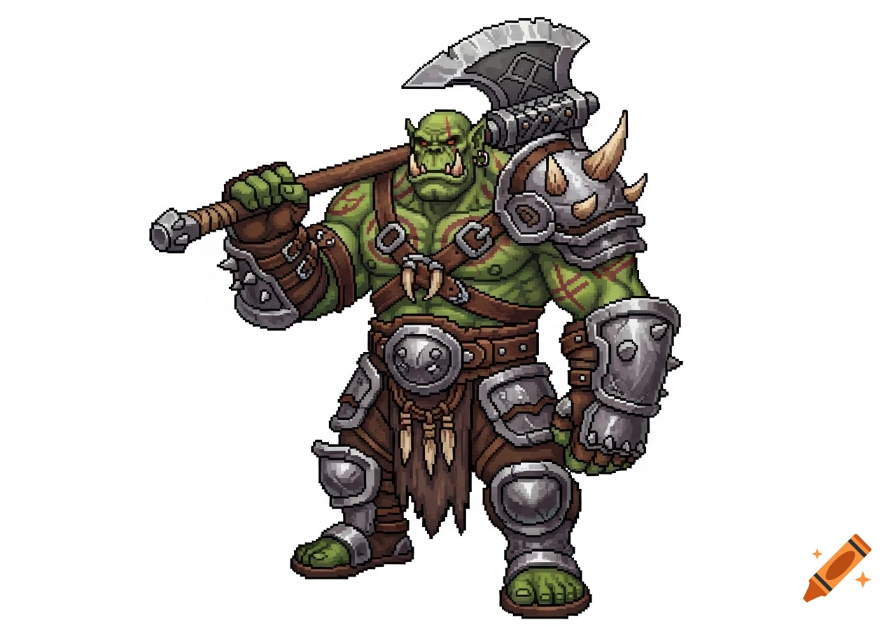 A highly detailed pixel art rendering of a green orc warrior with an axe over his shoulder, wearing ornate armor, on a white background.
