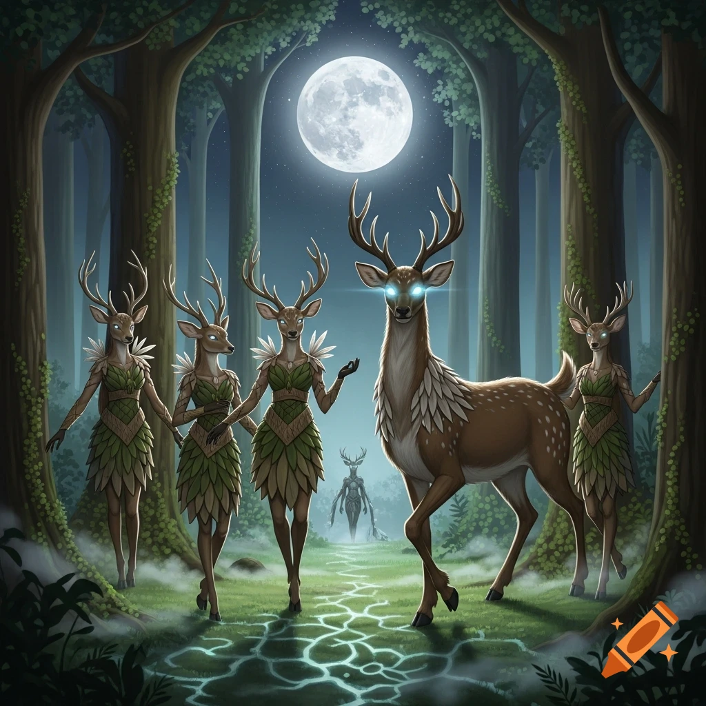 Anthropomorphic deer-women and a large deer-man with glowing eyes on a glowing path in a moonlit forest, with a shadowy figure.