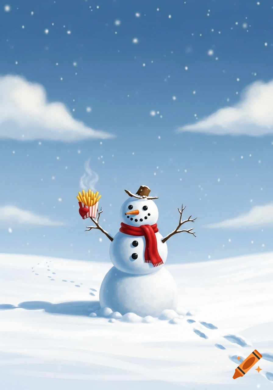 A cartoon snowman wearing a red scarf and hat holds steaming french fries in a snowy winter landscape under a blue sky.