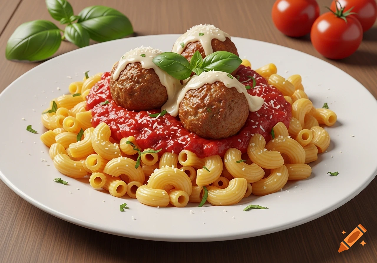Photorealistic image of a plate of macaroni with tomato sauce and three meatballs, drizzled with white cheese sauce and basil.