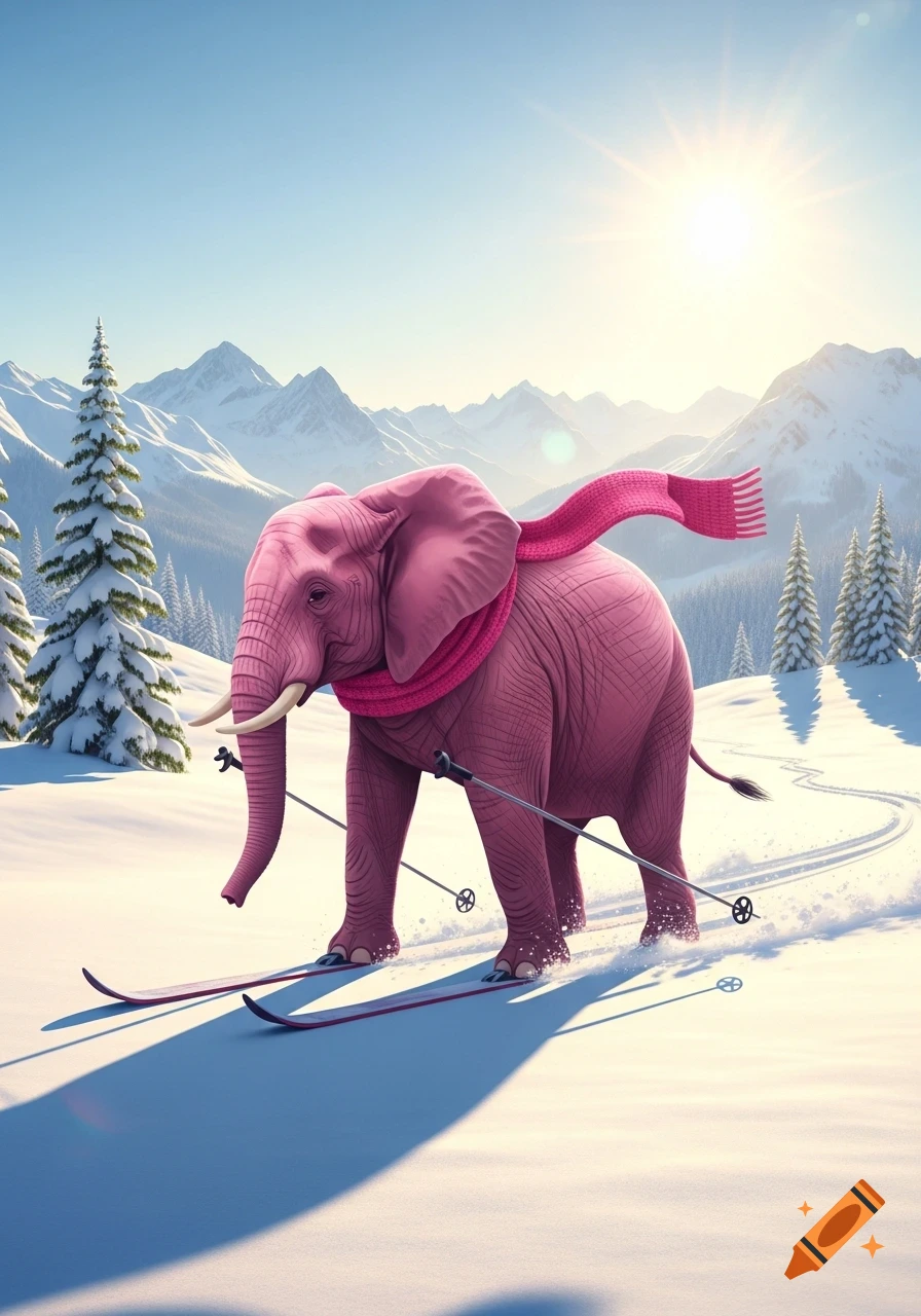 A large pink elephant wearing a red scarf skis down a snowy mountain with pine trees and sun in the background.