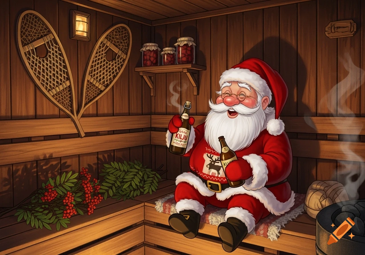 A smiling Santa Claus sits in a wooden sauna, holding two bottles labeled "KILJU", with snowshoes and leafy branches nearby.