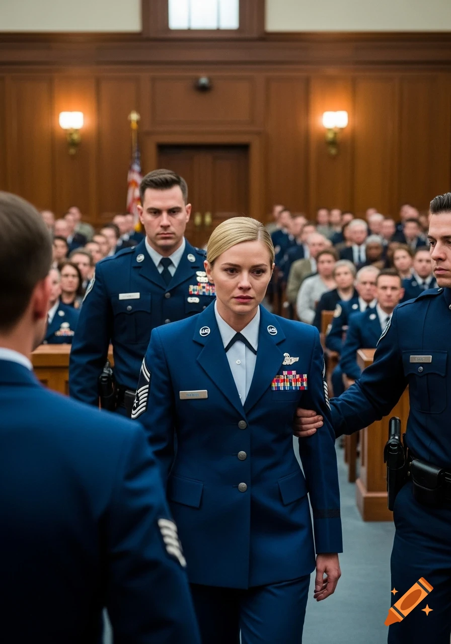 A crestfallen blonde woman in an Air Force uniform is escorted by two men in uniforms through a crowded courtroom, photorealistic.