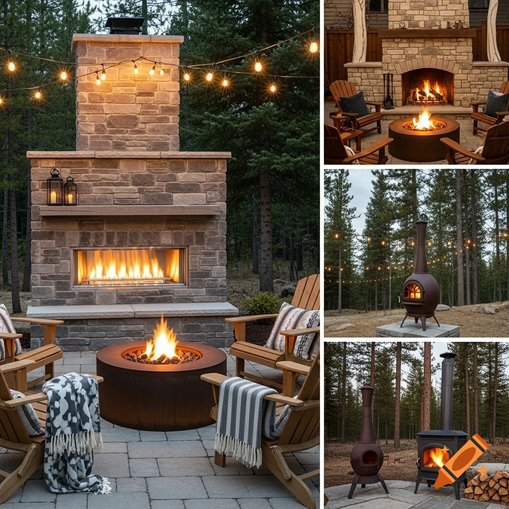 A collage showcasing various outdoor fireplace and fire pit designs with seating and string lights in forest settings.