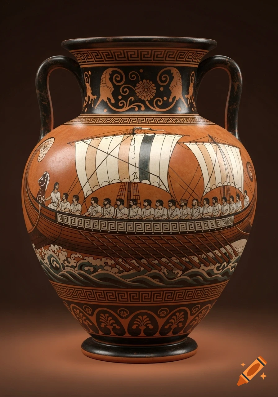 An ancient Greek amphora with a red-figure painting of a ship with rowers and sails on a dark background.
