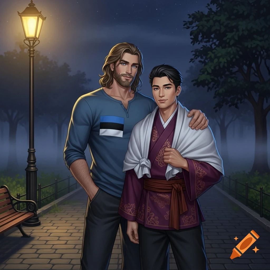 Two illustrative men, one with a beard and Estonian flag shirt, the other in a purple kimono, pose in a dimly lit park at night.