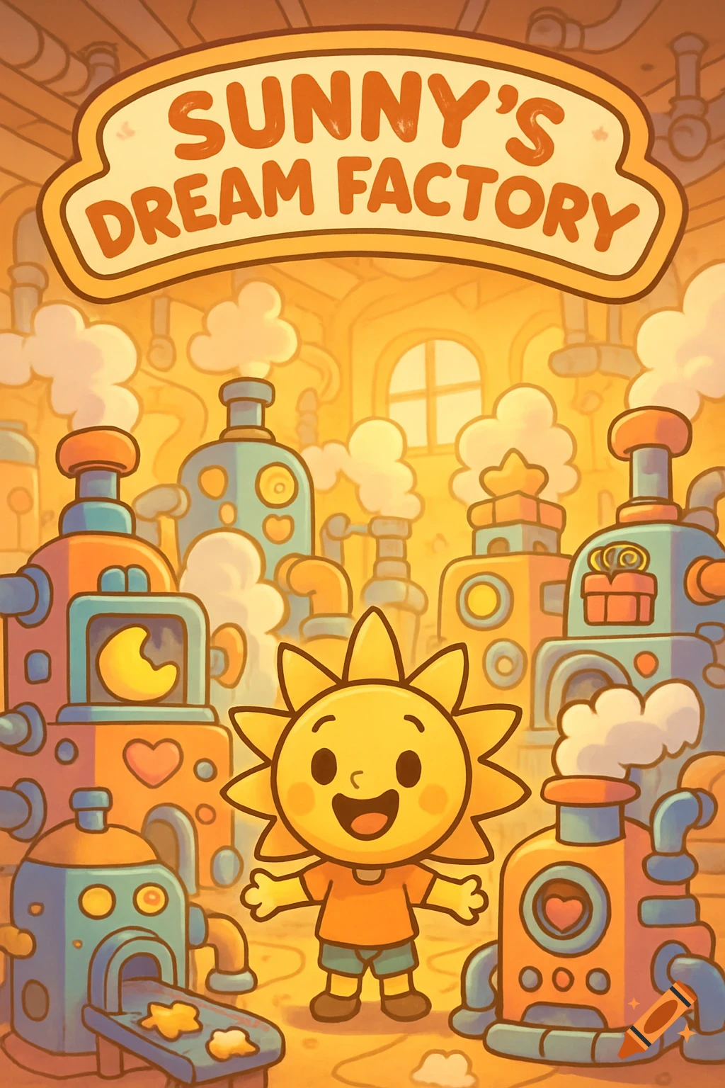 A cheerful cartoon sun character stands in Sunny's Dream Factory, surrounded by colorful whimsical machines and fluffy steam.