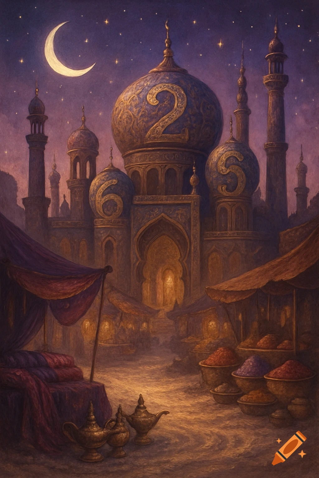 An enchanting Aladdin-themed night market and palace with numbers hidden in its domes, under a crescent moon and starry sky.