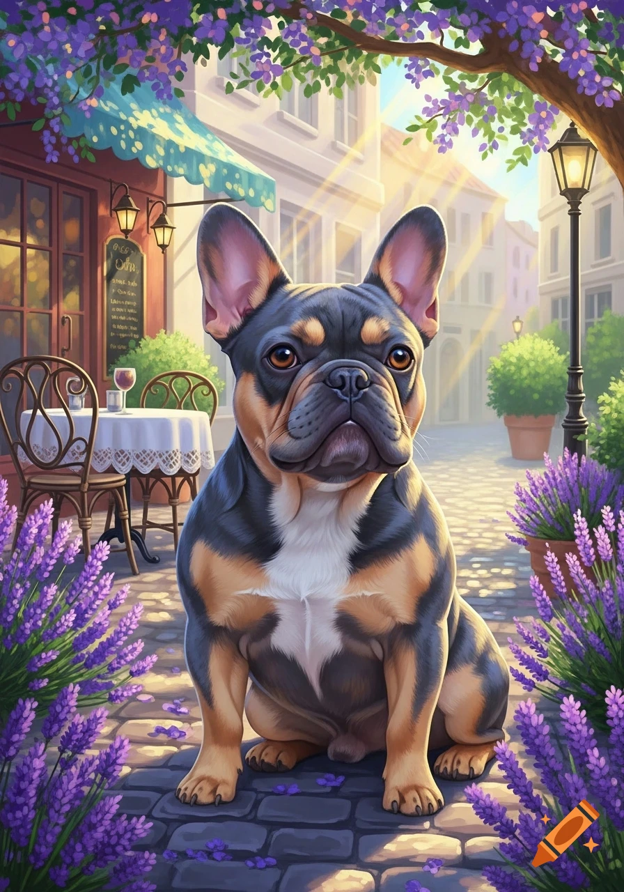 A black and tan French bulldog sits on a cobblestone street with purple lavender and flowers in a sunny, illustrated European cafe scene.