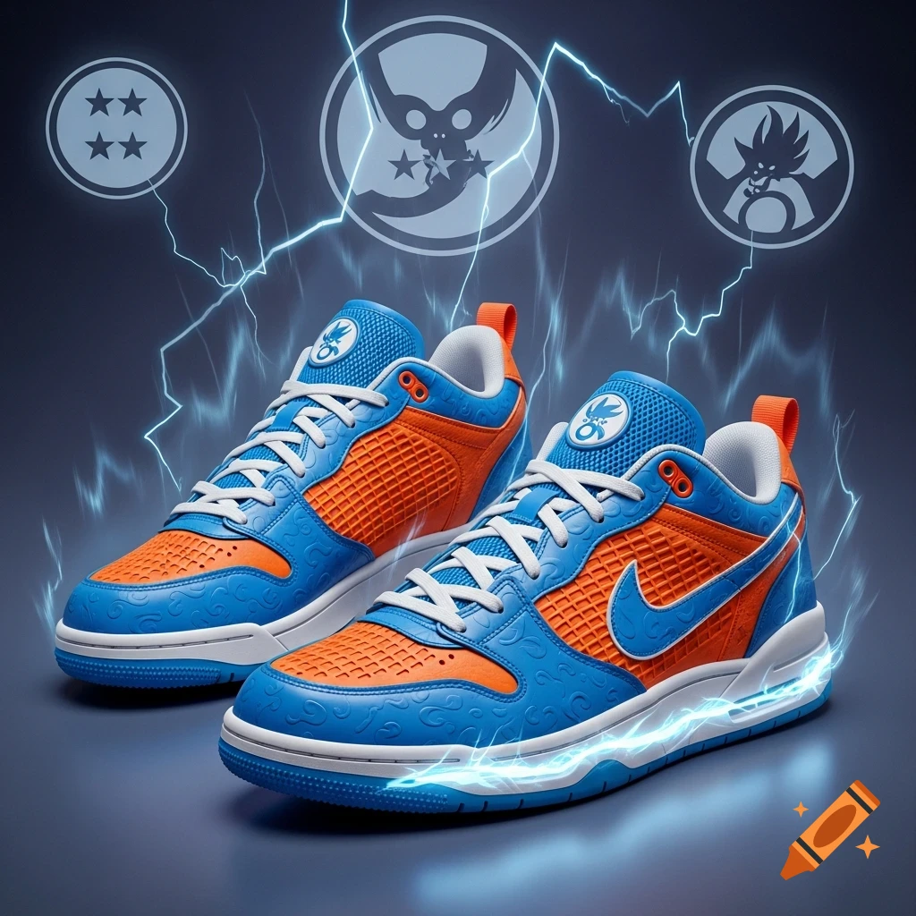A pair of blue and orange Dragon Ball Z themed sneakers with glowing lightning effects, set against a dark background with character symbols.