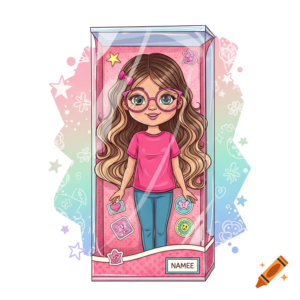 Cartoon illustration of a girl doll with glasses and long wavy hair in a pink shirt and blue jeans, standing inside a doll box with a 'NAMEE' label.
