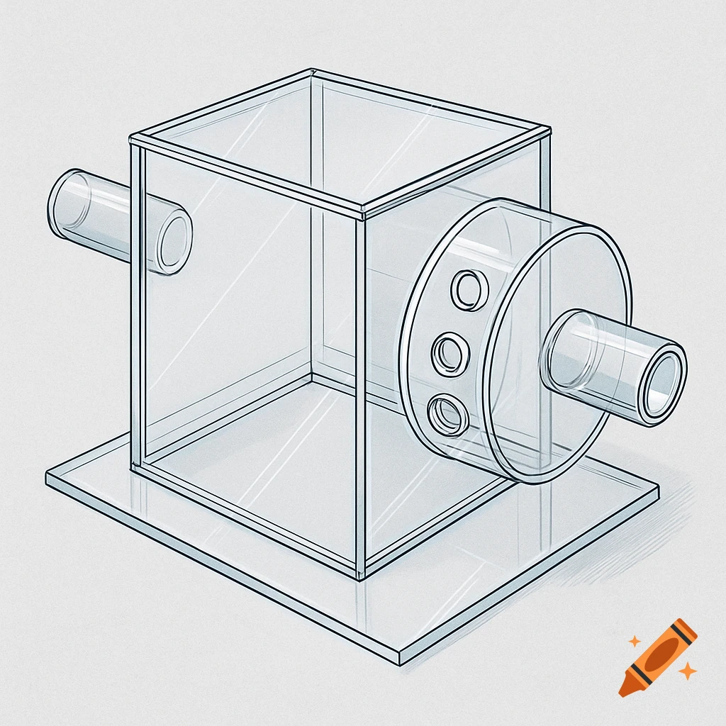 Line art illustration of a transparent plexiglass chamber with an inlet, an outlet, and three side ports, resting on a flat base.