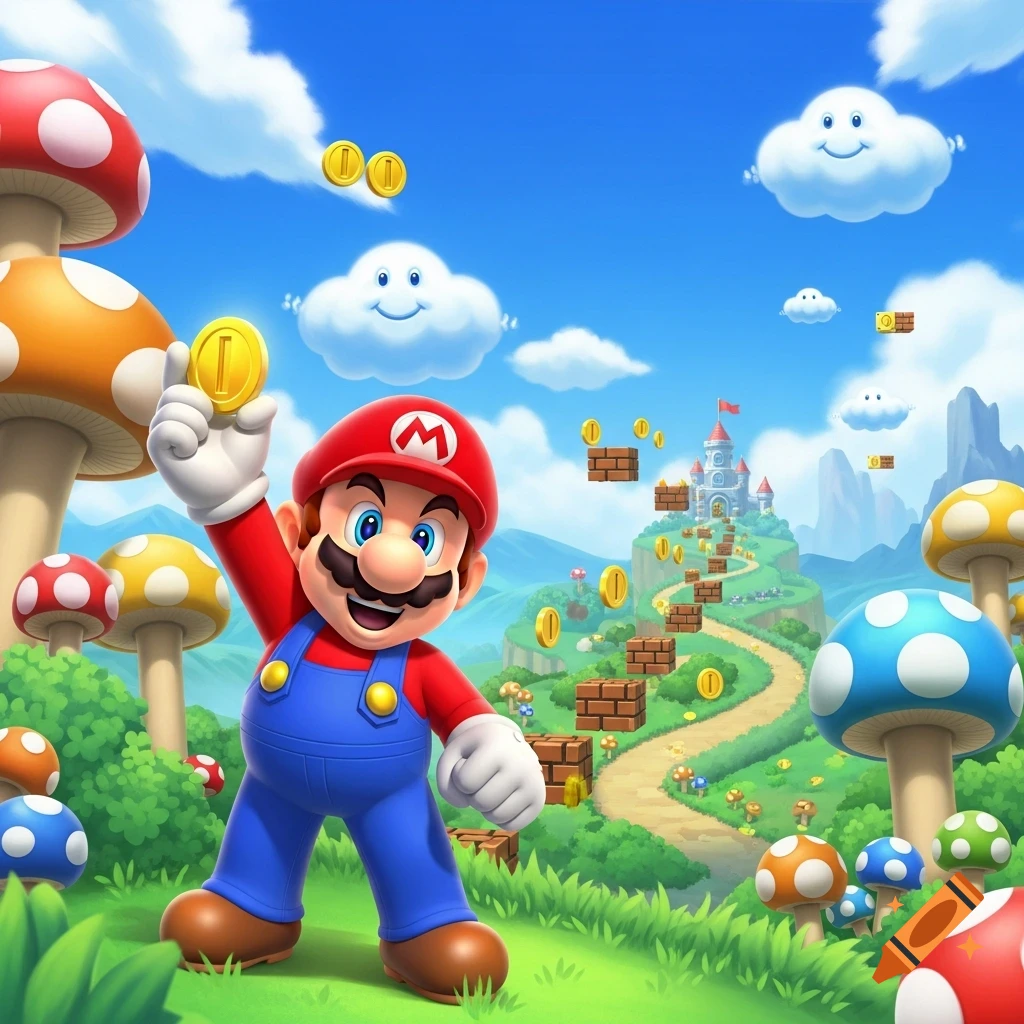 Mario in a vibrant, cartoonish Super Mario Bros. landscape, holding a gold coin with other coins and a castle in the background.