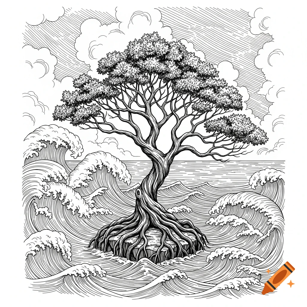 Black and white ink line drawing of a sturdy tree with exposed roots on a small island amidst large, rough ocean waves under a cloudy sky.