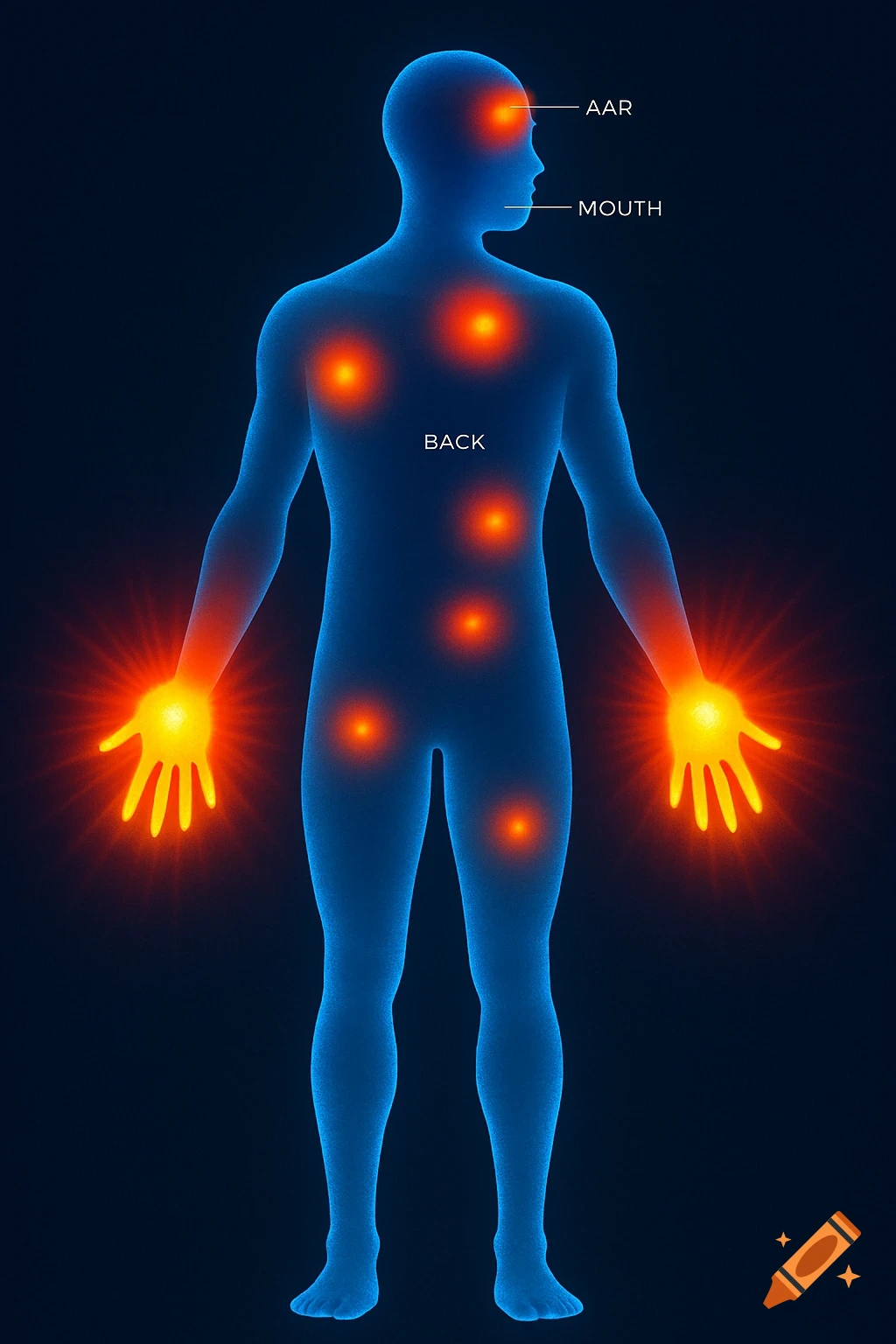 Stylized blue human body silhouette with glowing orange pain points on hands, back, and head, labeled AAR, MOUTH, BACK.