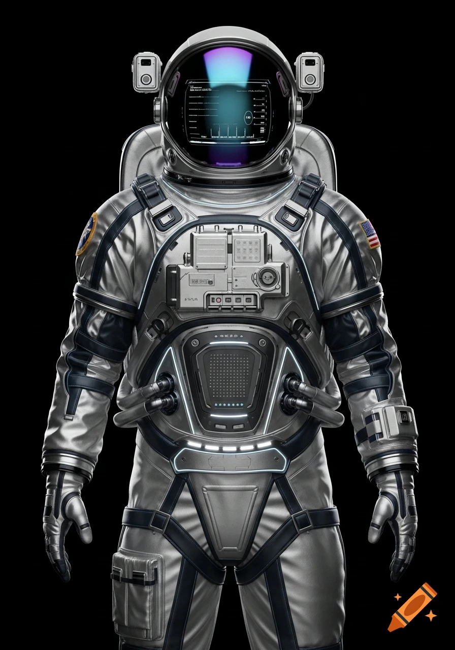 A detailed, photorealistic image of a futuristic silver and blue spacesuit with glowing accents and complex controls on a black background.
