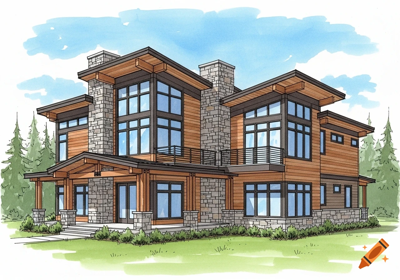 Watercolor and ink illustration of a two-story contemporary lodge with wood and stone siding, large windows, and a covered porch, surrounded by trees and grass.