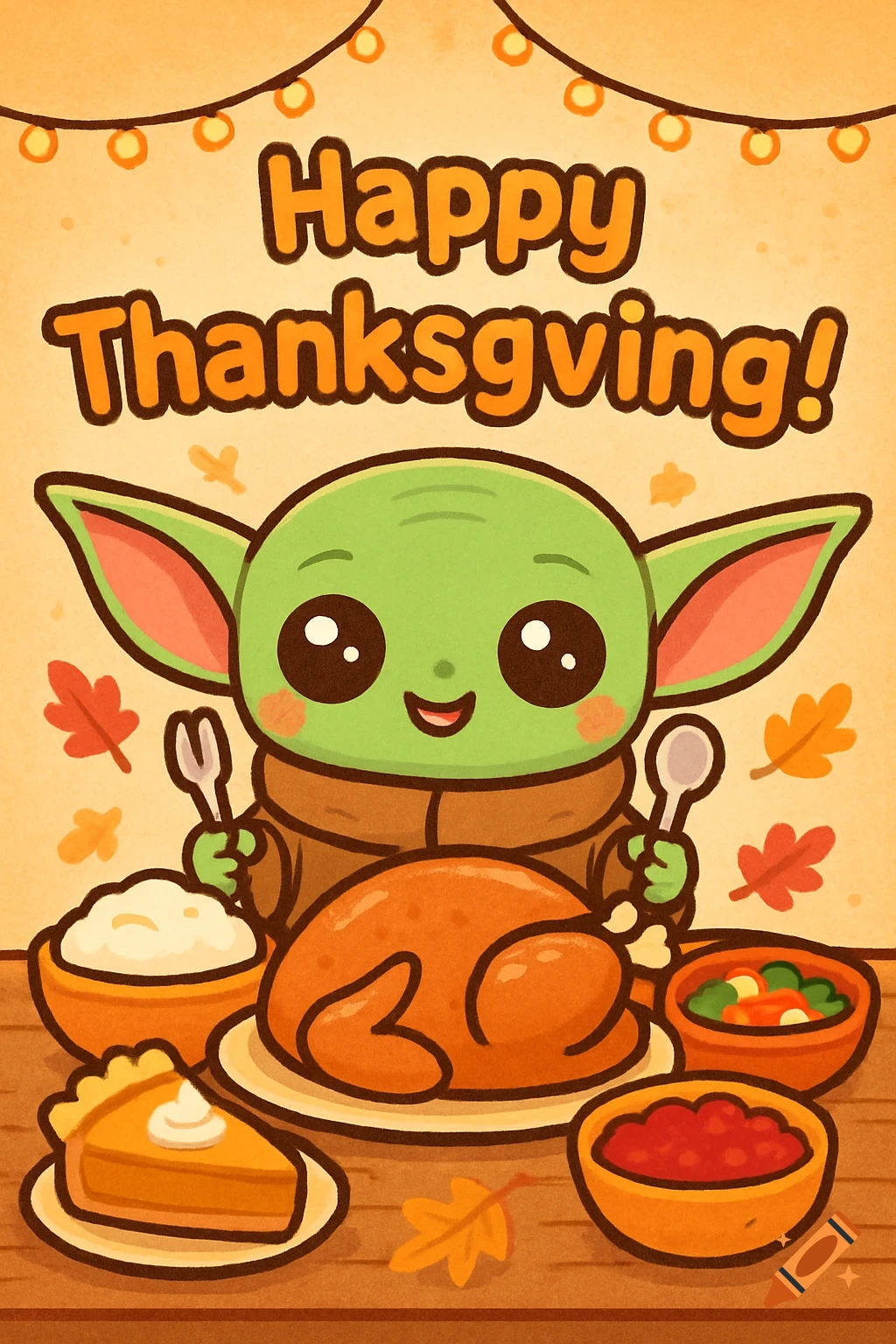 Cute kawaii cartoon illustration of Baby Yoda sitting at a table with a Thanksgiving feast, saying "Happy Thanksgiving!"