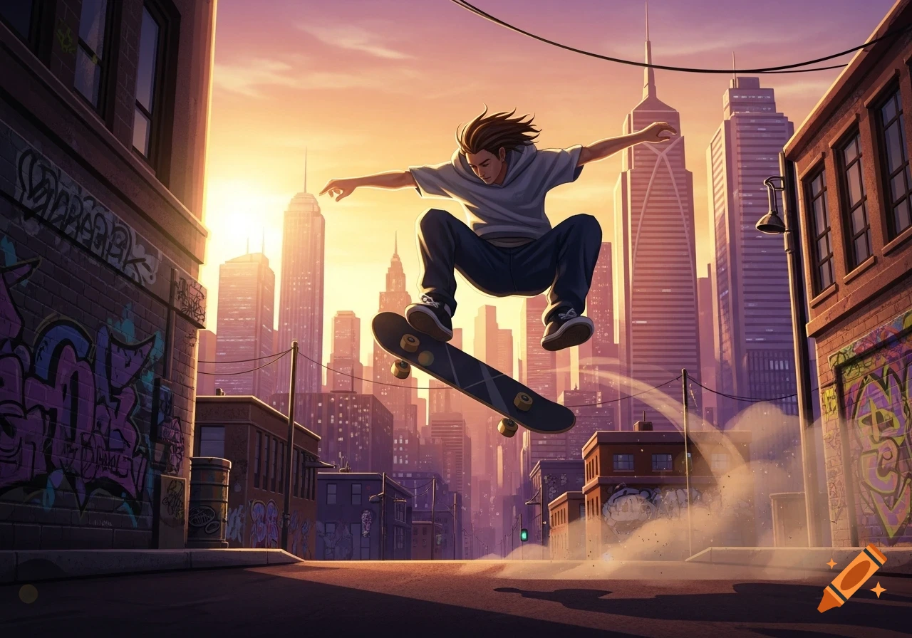 A person on a skateboard mid-air performing an ollie in a city alleyway at sunset, with skyscrapers and graffiti walls.