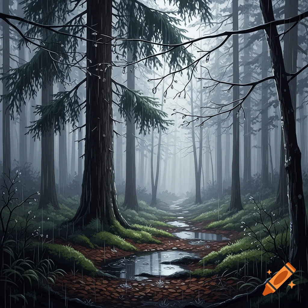 A stylized illustration of a misty, rainy forest with a path winding through tall trees and puddles on the ground.