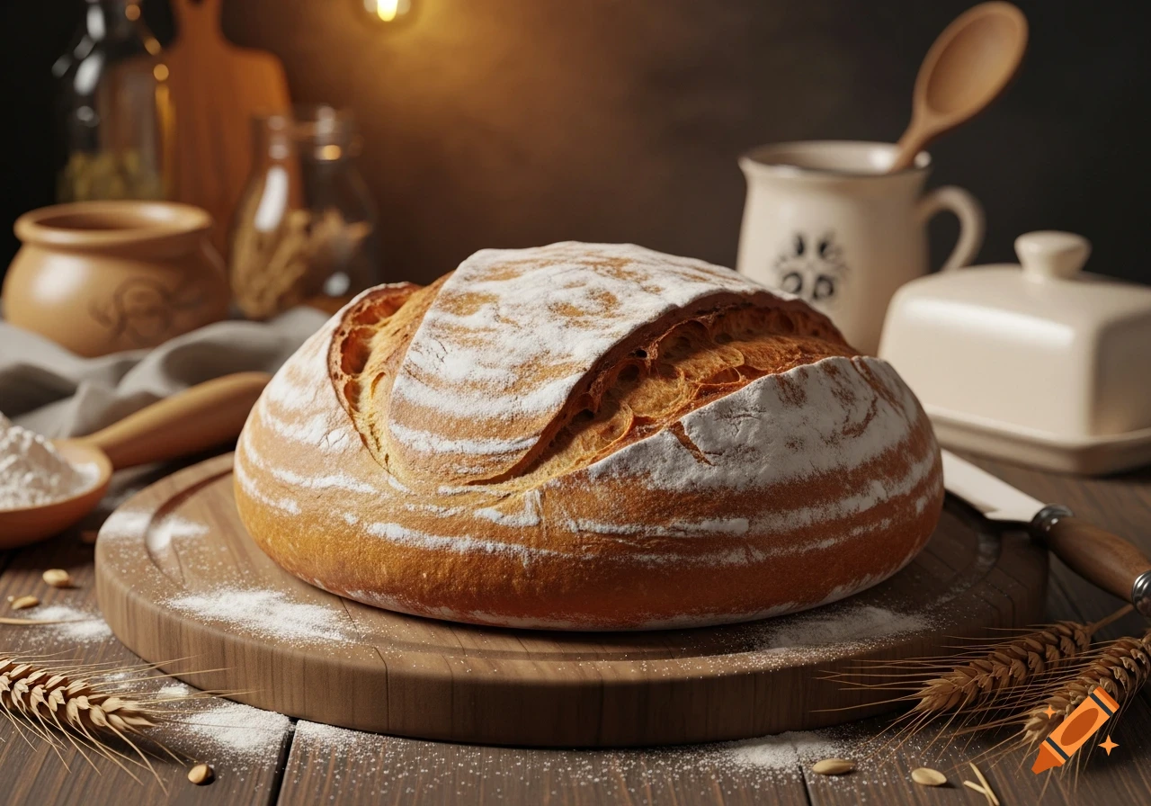 A freshly baked, flour-dusted loaf of bread on a wooden board amidst wheat stalks and kitchen utensils in a rustic setting.