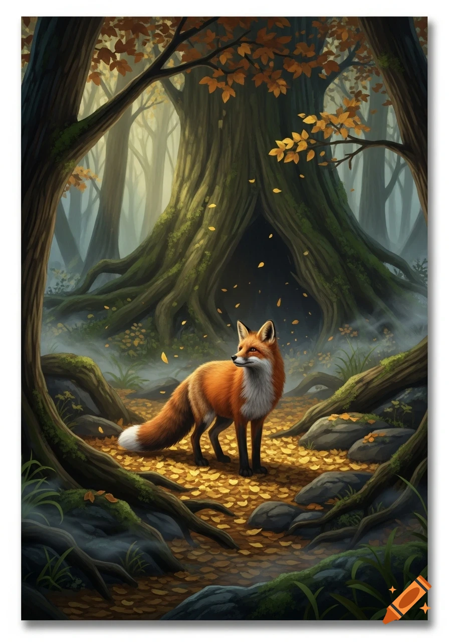 A red fox stands among fallen autumn leaves in a mystical forest with ...