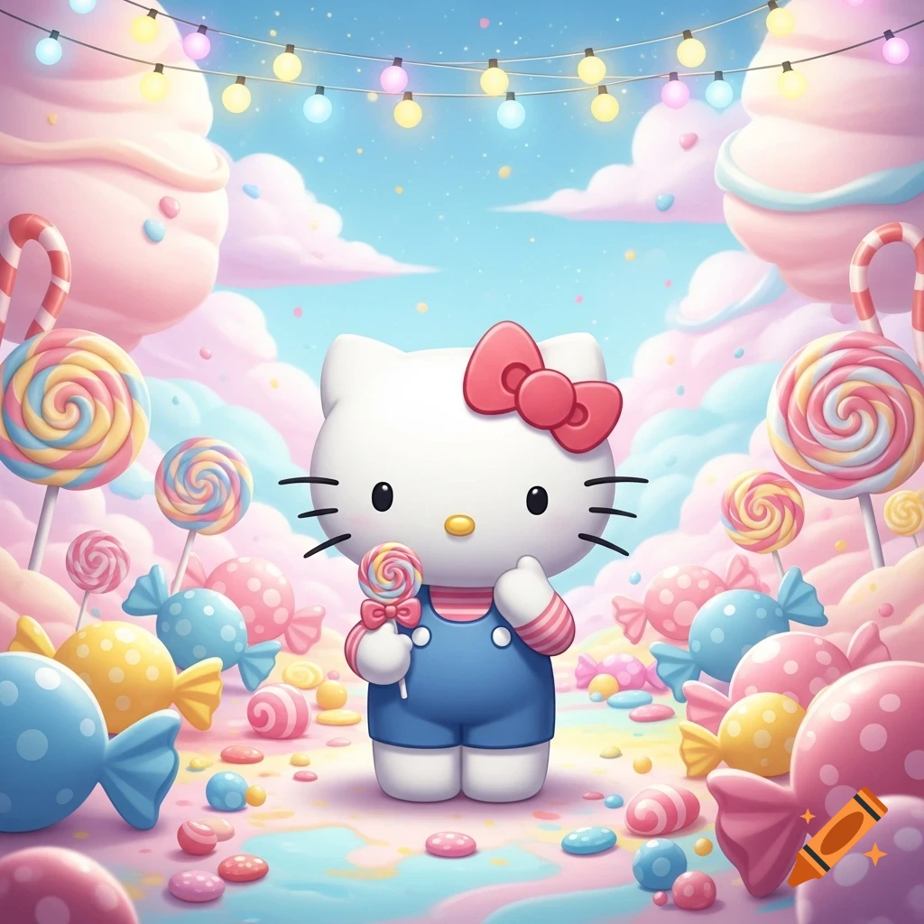Hello Kitty in a whimsical candy land, holding a lollipop amidst giant lollipops, candies, and pink clouds, cartoon style.
