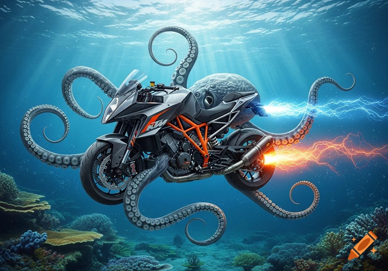 Photorealistic KTM motorcycle with octopus tentacles and head, underwater with coral and glowing exhausts.