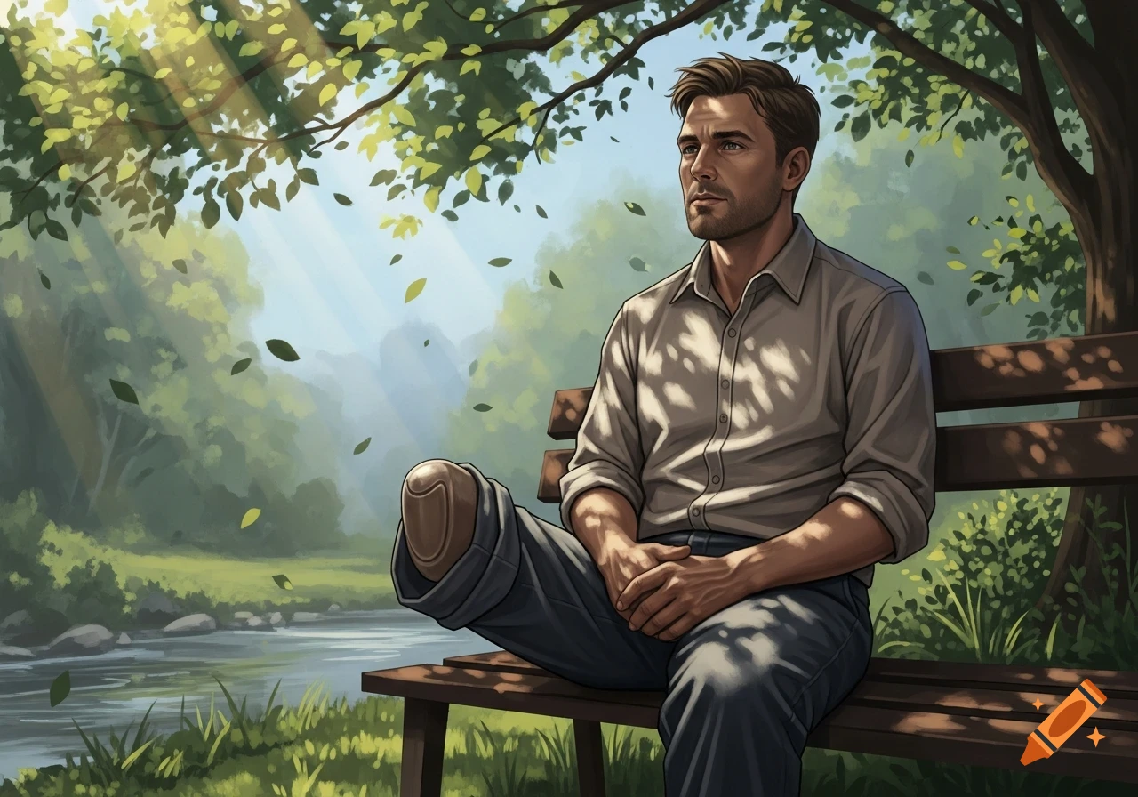 A man with a visible leg stump sits on a park bench by a river, sun rays filter through trees in a digital painting.