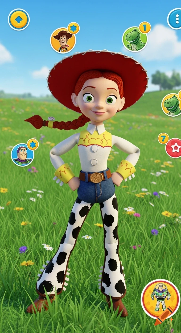 Jessie from Toy Story stands in a vibrant green field with game UI buttons featuring Woody, Rex, and Buzz Lightyear.