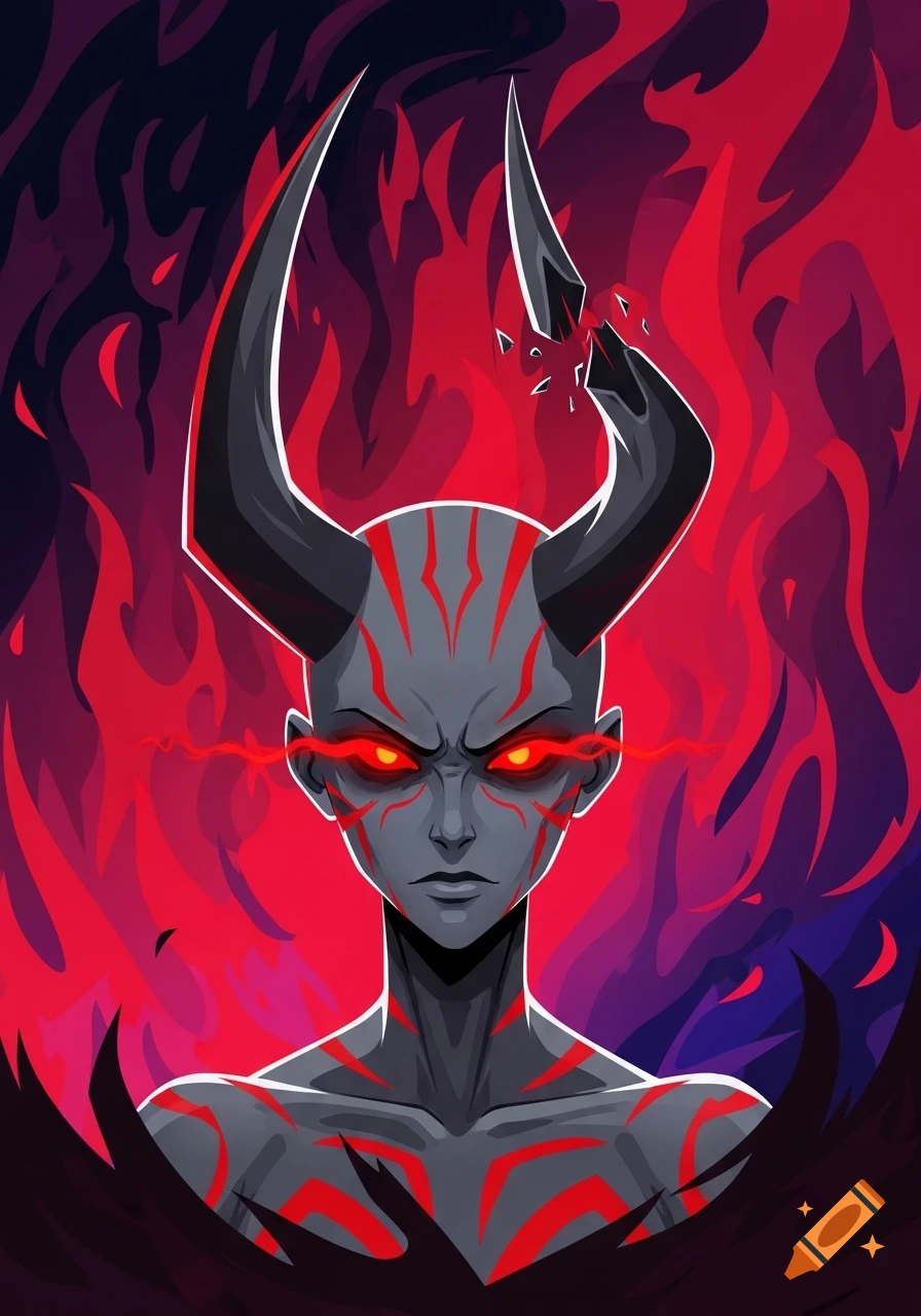 Stylized demon character with gray skin, red markings, glowing red eyes, and black horns, one of which is broken, against a fiery red and black background in an anime style.