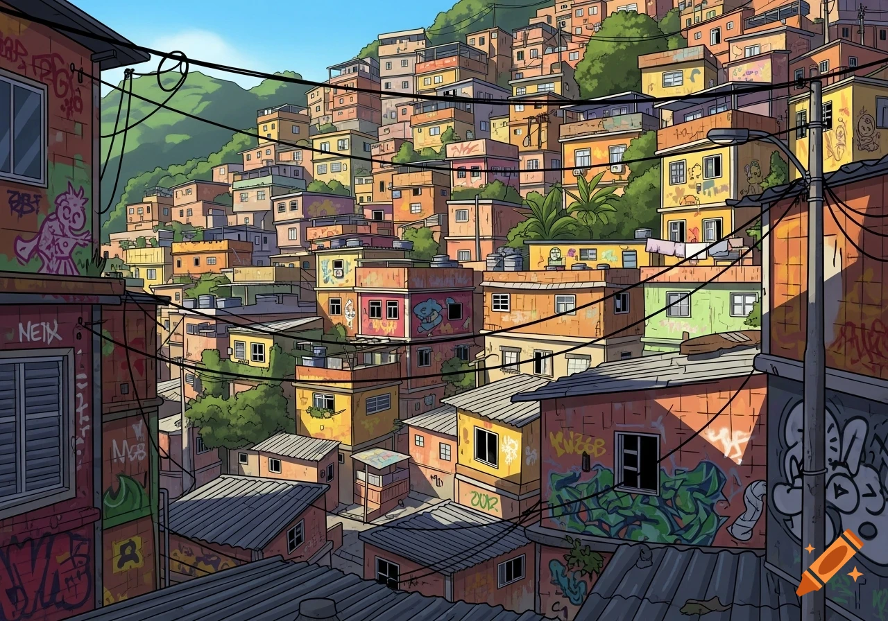 A vibrant, new school cartoon illustration of a densely packed favela on a hillside with colorful, graffiti-covered houses.