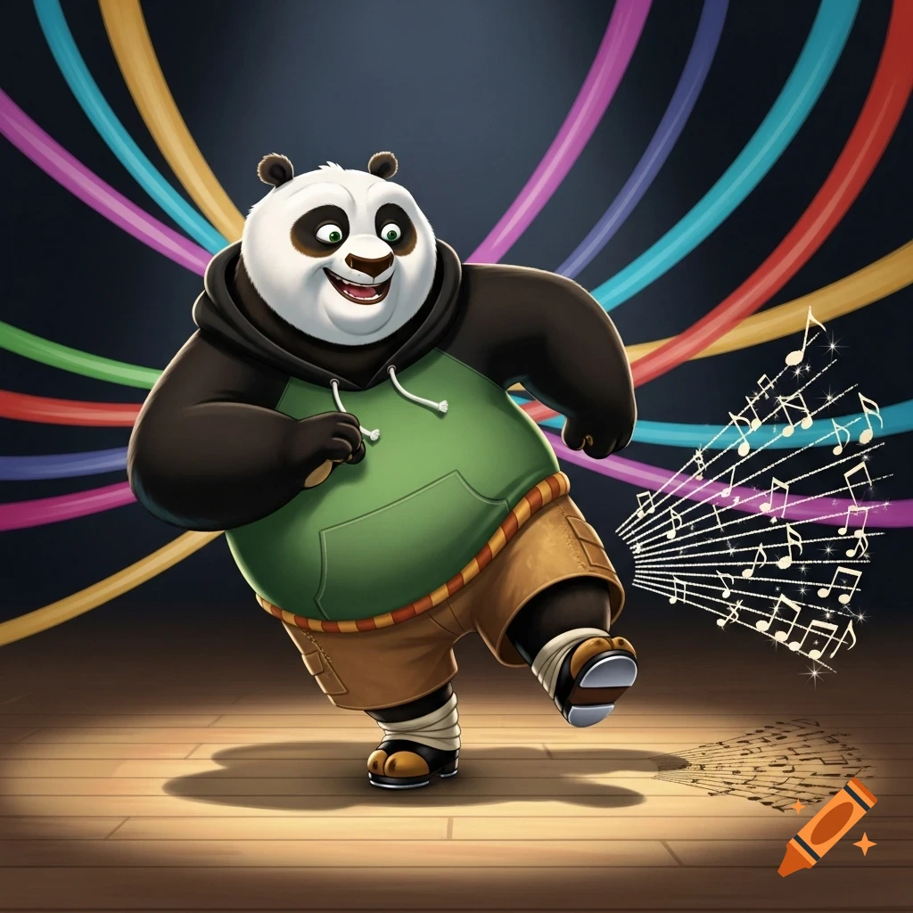 Cartoon character Po from Kung Fu Panda tap dancing in a green hoodie, brown shorts, with musical notes.