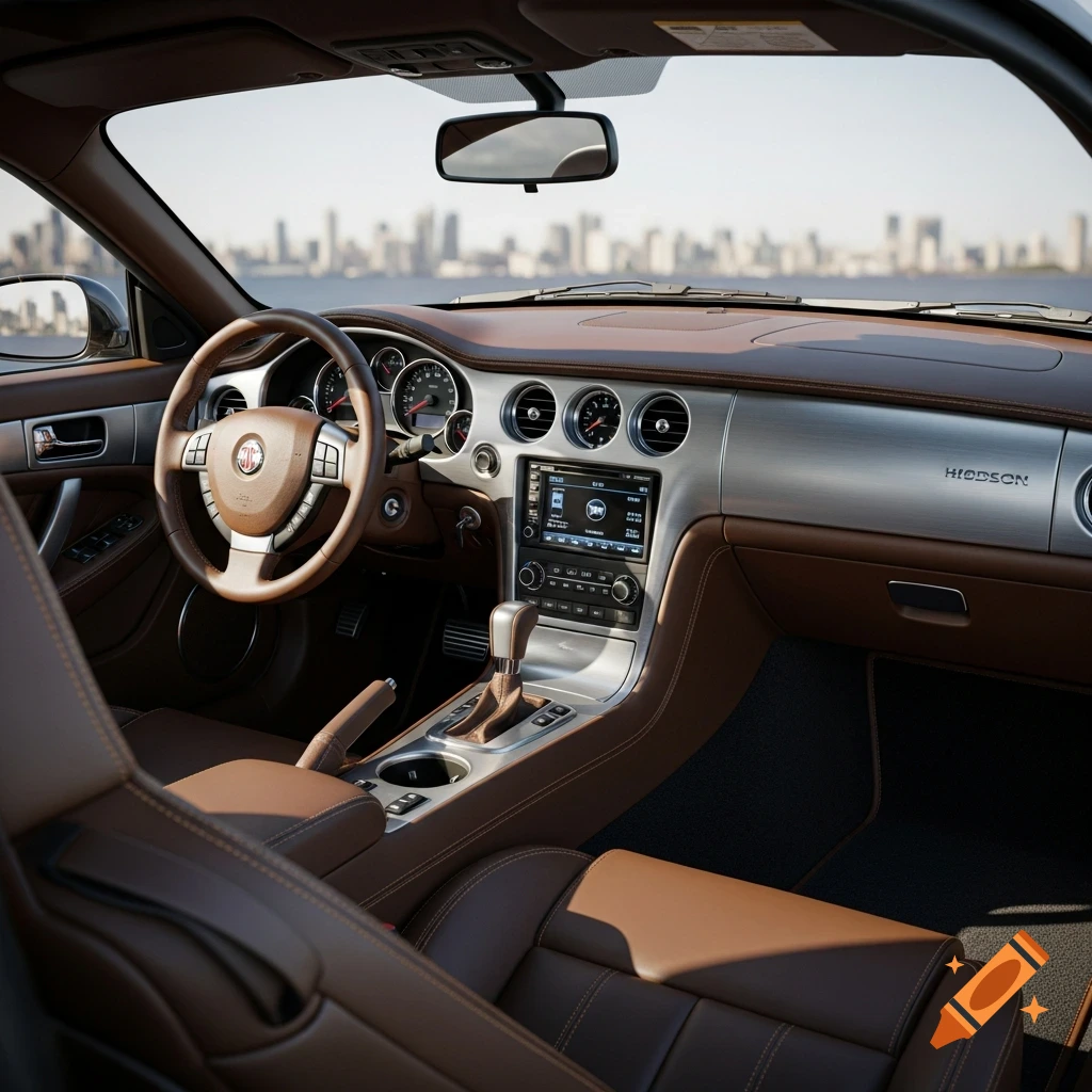 Detailed interior of a luxury sports car with brown leather seats and a metallic dashboard, cityscape visible through the windshield.