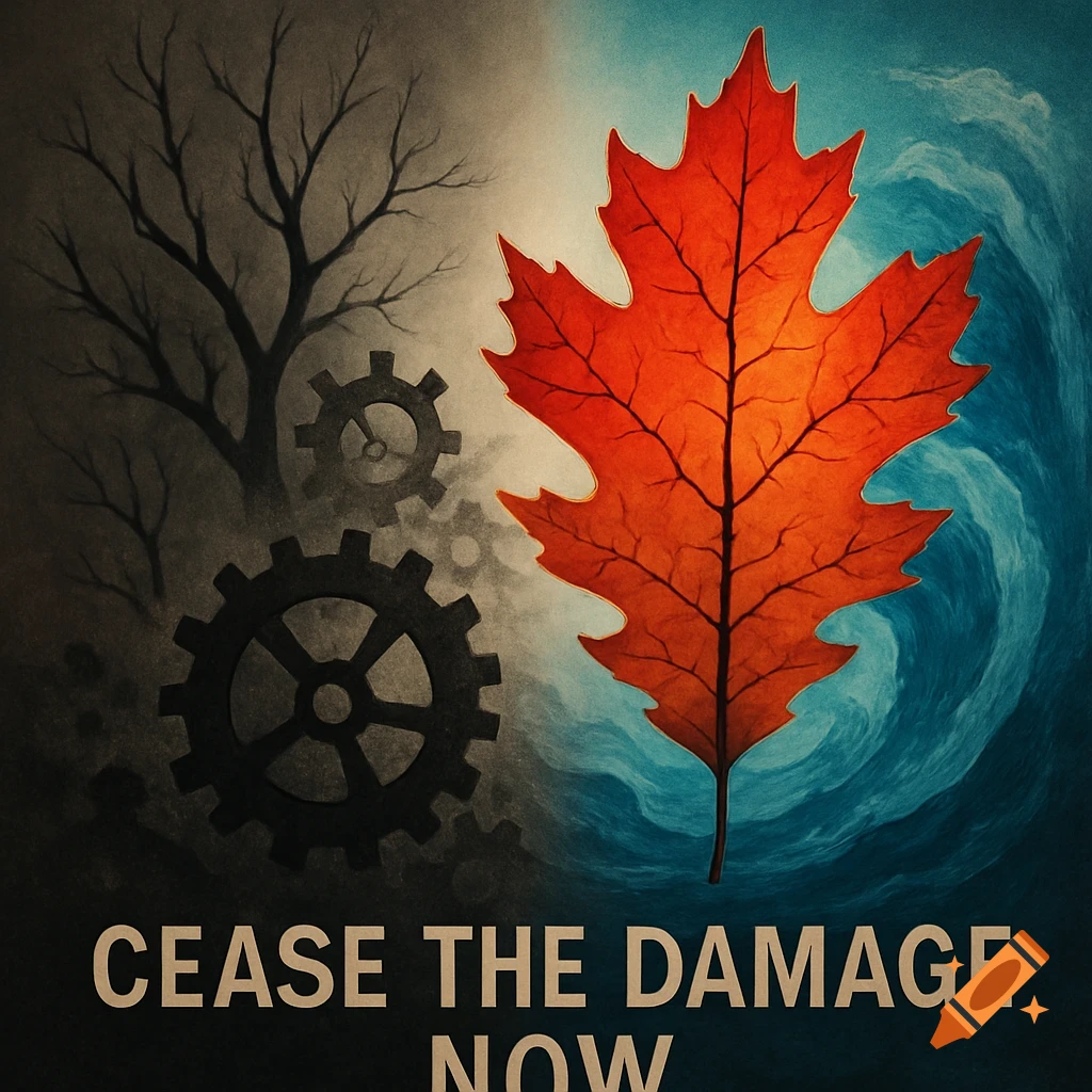 Symbolic image of environmental impact with barren trees and gears contrasting a vibrant red leaf and blue swirls. Text: CEASE THE DAMAGE NOW.