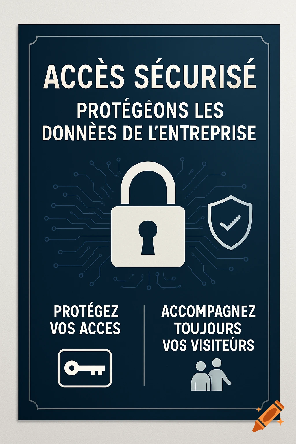 A professional cybersecurity awareness poster on a dark blue background, featuring a white padlock, shield with a checkmark, circuit lines, and icons for a key and two people. French text reads "Accès sécurisé – Protégeons les données de l’entreprise"