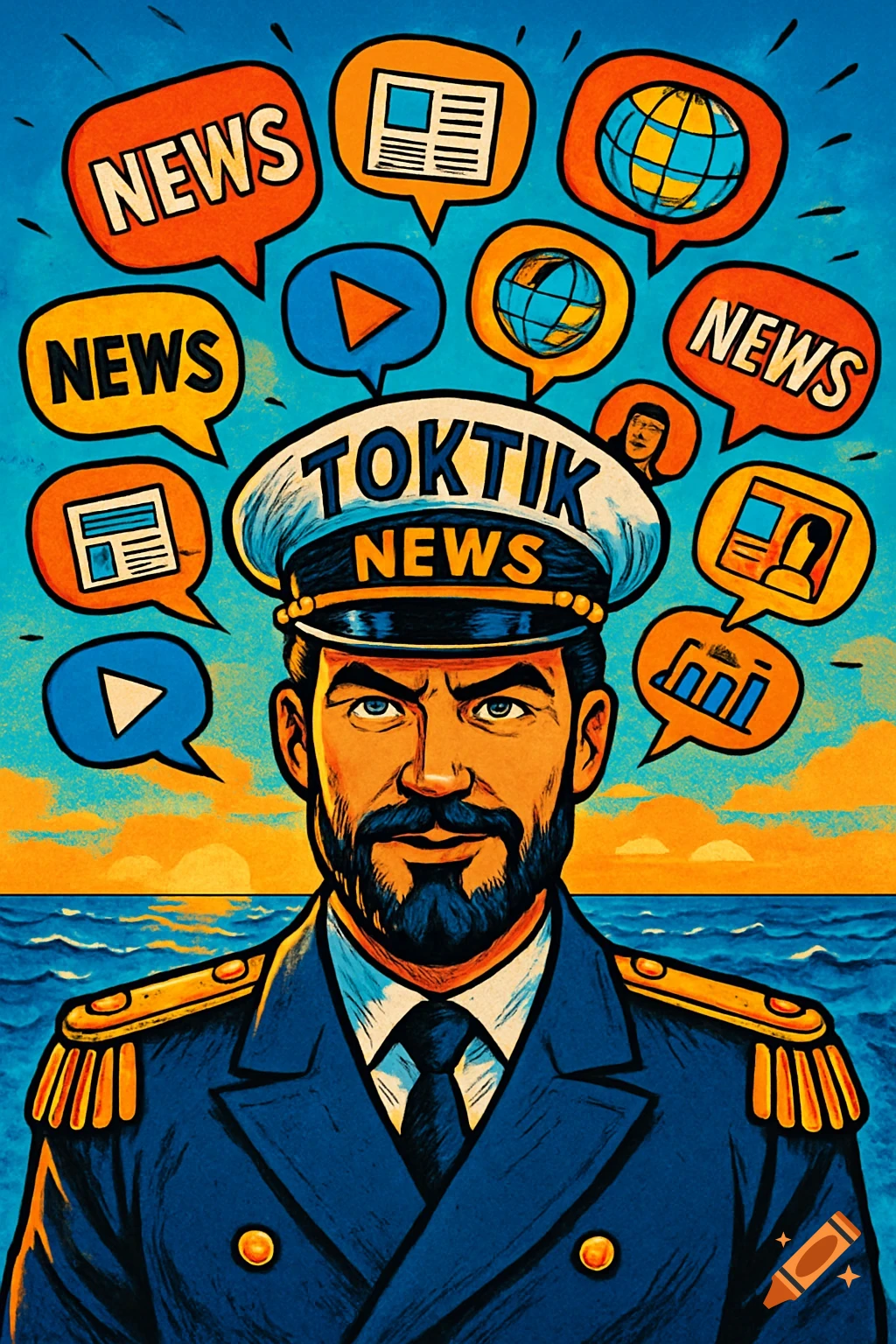 Comic art of a bearded captain in uniform, 'TOKTIK NEWS' on his hat, surrounded by speech bubbles with news icons and 'NEWS' headlines, sea at sunset.