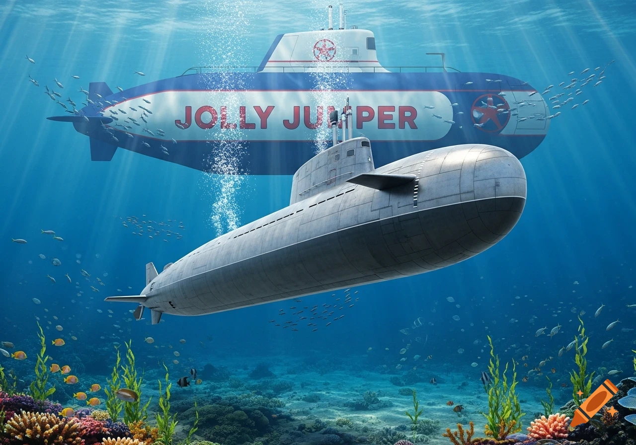 Two submarines underwater: a modern grey one and a blue and white one named 'Jolly Jumper', surrounded by fish and coral reefs.