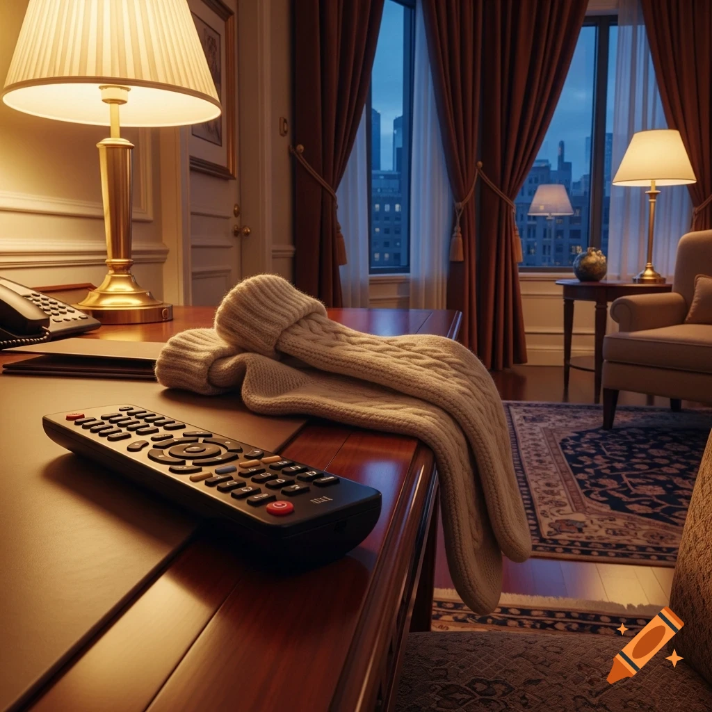A TV remote and a pair of knitted socks rest on a wooden desk in a dimly lit hotel room with city views.